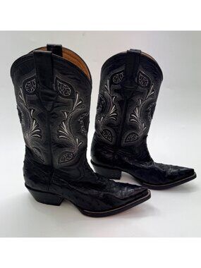El Pajal Women’s Black Ostrich Leather Cowboy Boots Size 7 or Mex 24